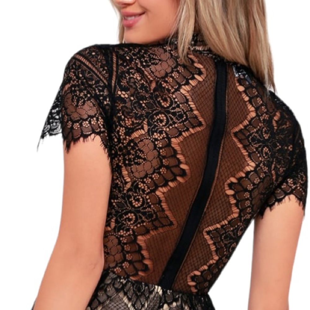 Lulu’s Ryse the Label Katie Black and Nude Lace Short Sleeve Skater Dress - Picture 12 of 15